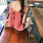 Plain Bow-accent Sleeveless Top / Elastic-waist Linen Wide-leg Pants