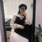 Peter Pan Collar Long-sleeve Blouse / Color-block Pleated Dress
