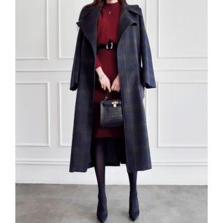 Open-front Checked Coat With Sash