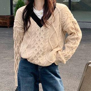 V-neck Cable Knit Sweater Sweater - Love Heart - Almond - One Size