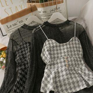 Set: Glitter Sheer Top + Slim-fit Checker Vest