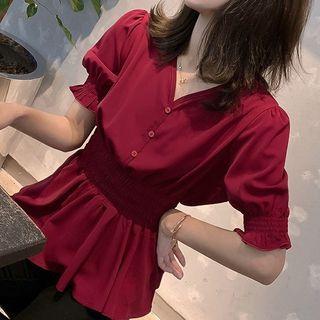 Short-sleeve V-neck Buttoned Chiffon Blouse