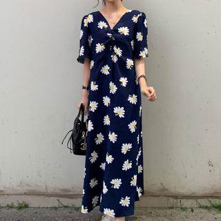 Short-sleeve V-neck Floral Dress Blue - One Size