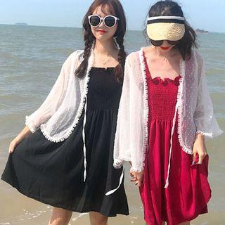 Plain Sleeveless Flared Dress / Embroidered Chiffon Light Jacket
