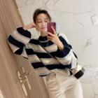 Round-neck Puff-sleeve Striped Knit Top