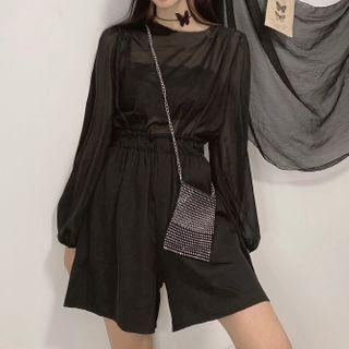 Long Sleeve See-through Top / Spaghetti-strap Shorts / Rhinestone Crossbody Bag