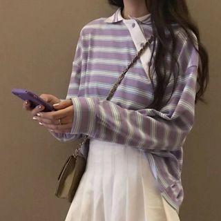 Striped Long-sleeve Polo Shirt / Pleated Skirt