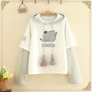 Fleece-lined Puppy Printed Hoodie As Shown In Figure - One Size