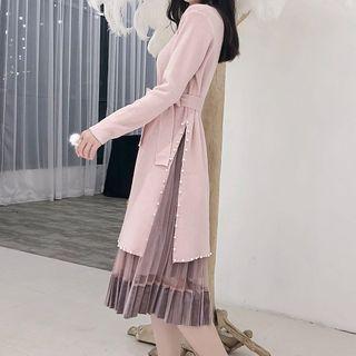 Set: Mock Neck Long-sleeve Knit Dress + Sheer Skirt