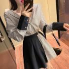 Set: Long-sleeve Striped Mini Shirtdress + Side-slit Mini A-line Skirt