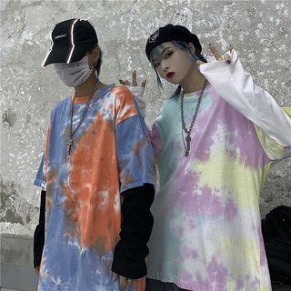 Couple Matching Mock Two-piece Tie-dye Long-sleeve T-shirt