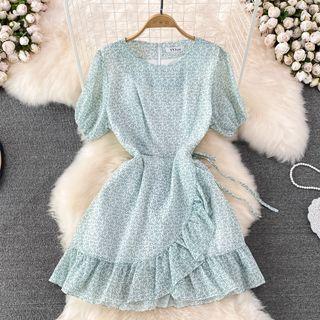 Short Sleeve Floral Ruffle A-line Dress Green - One Size