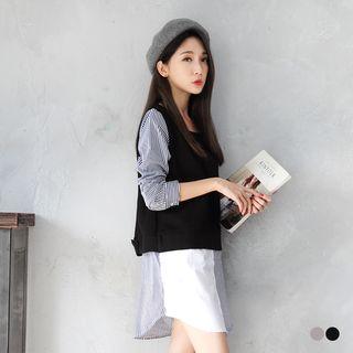Double Layer Plain Woolen Striped Shirt Dress