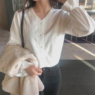 Buttoned Laced Cotton Blouse Ivory - One Size