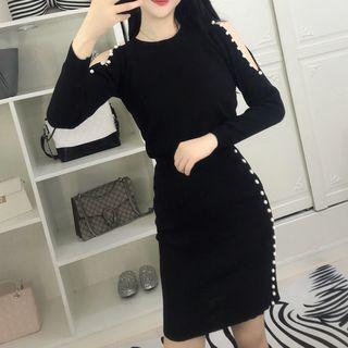 Set: Faux Pearl-accent Cold-shoulder Sweater + Mini Pencil Skirt