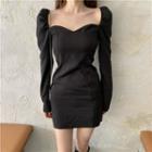 Puff-sleeve Sweetheart Plain Mini Sheath Dress Black - One Size