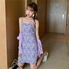 Set: Spaghetti Strap Floral Print Mini Sheath Dress + Jacket Purple - One Size