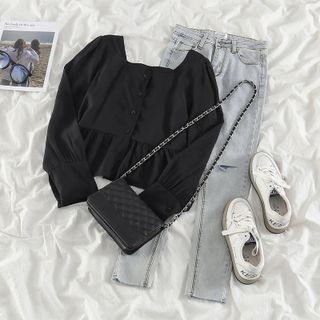 Puff-sleeve Blouse / Washed Skinny Jeans