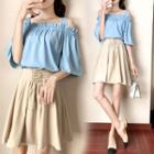 Set: Plain Off Shoulder Elbow Sleeve Blouse + Skirt
