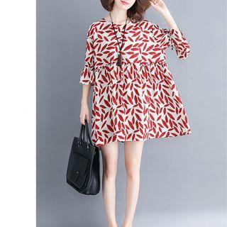 Elbow-sleeve Leaf Print Mini A-line Dress