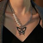 Faux Pearl Butterfly Necklace 01-dz-227 - Silver - One Size