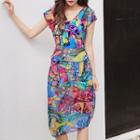 Set: Printed Short-sleeve Swim Top + Swim Shorts + Cover-up Skirt