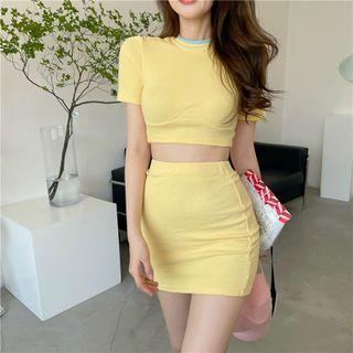 Short Sleeve Plain Crop Top / High Waist Plain Skirt