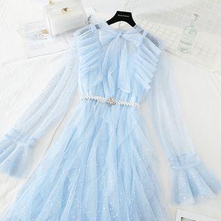 Set: Bell-sleeve Layered Midi A-line Mesh Dress + Slipdress