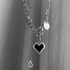 Layered Lettering Heart Chain Necklace 1 Pc - Black Heart - Silver - One Size