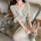 Set: Lantern-sleeve Maxi Chiffon Dress + Spaghetti Strap Dress