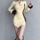 Collared Two-tone Irregular Mini Bodycon Dress