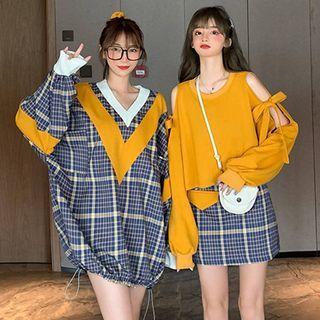 Plaid Color Block Sweatshirt / Cold Shoulder Sweatshirt / Plaid A-line Mini Skirt