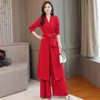 Set: Tie-waist Dress + Wide-leg Pants
