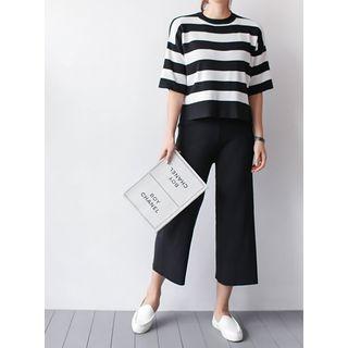 Set: Drop-shoulder Striped T-shirt + Band-waist Pants