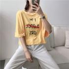Distressed Lettering Elbow-sleeve T-shirt