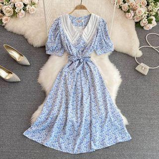 Lace Collar Floral Print A-line Dress
