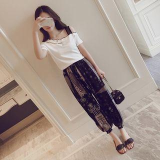 Set: Lettering Cold-shoulder Short-sleeve T-shirt + Printed Cropped Harem Pants