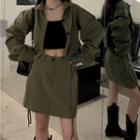 Long-sleeve Plain Drawstring Jacket / Plain Mini Skirt