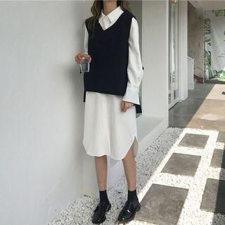 Plain Shirt Dress / V-neck Side Tie Knit Vest