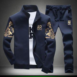 Set: Printed Stand Collar Zip Jacket + Drawstring Sweatpants