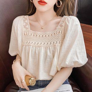 Puff-sleeve Knit Panel Chiffon Blouse