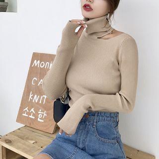 Plain Halter Long-sleeve Slim-fit Knit Top