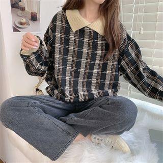 Knit Panel Plaid Woolen Top