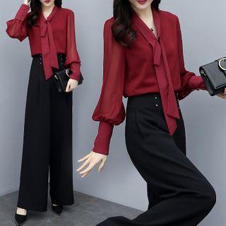 Set: Tie-neck Long-sleeve Blouse + Wide-leg Pants