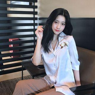 V-neck Embroidered Elbow-sleeve Blouse