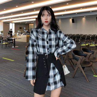 Long-sleeve Plaid Shirt / High-waist Skirt As Shown In Figure - One Size