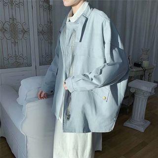 Belted Stand Collar Plain Zip Jacket