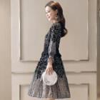 Lace Trim Long Sleeve Chiffon Dress