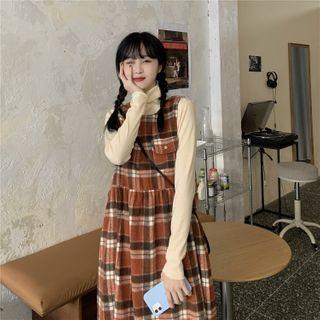 Long-sleeve Turtleneck Plain Top / Plaid Tank Dress