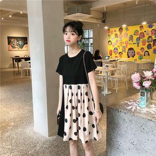 Dotted Panel Short-sleeve A-line Dress As Shown In Figure - One Size